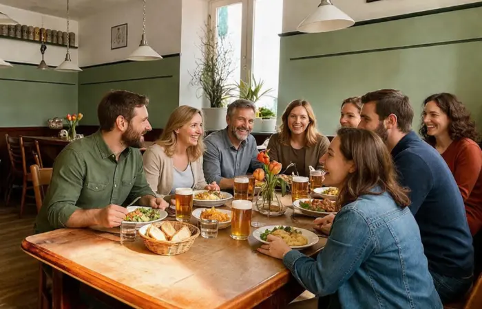 Menschen sitzen in Gasthaus zum Grünen Stammtisch zusammen
